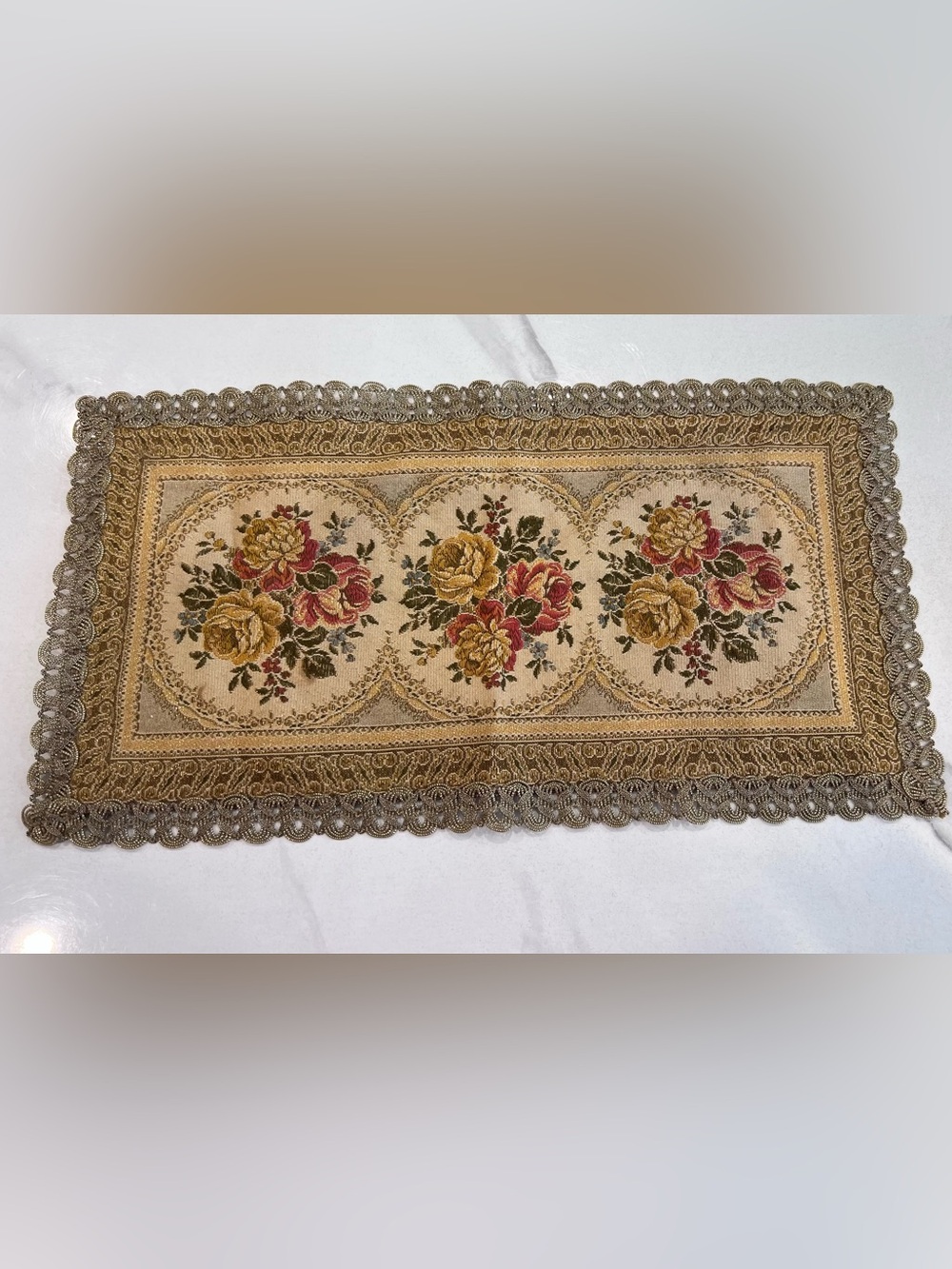 Vintage Table Runner - WEST GERMANY - Floral Flowers - 9" W  x  17" L